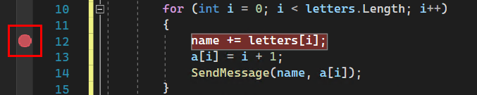 Captura de tela de um ponto de interrupção no Visual Studio 2022.