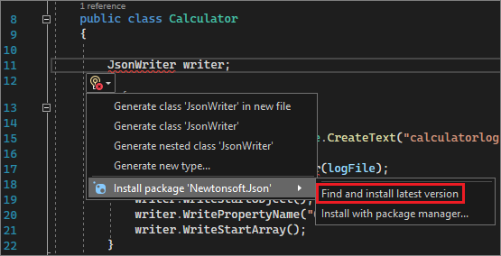 Captura de ecrã de uma lâmpada para instalar um pacote NuGet.