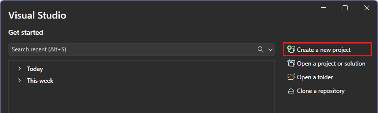 Captura de ecrã do menu inicial Visual Studio com Criar um novo projeto selecionado.