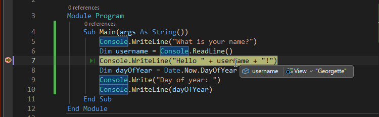 Captura de ecrã que mostra um valor variável durante a depuração em Visual Studio.