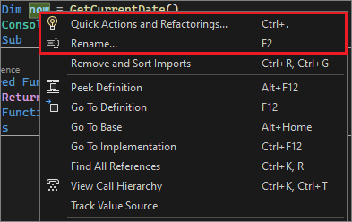 Captura de ecrã do menu Refactoring em Visual Studio 2022.