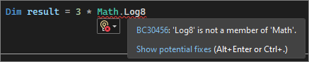 Captura de ecrã de um sublinhado ondulado no Visual Studio 2022.