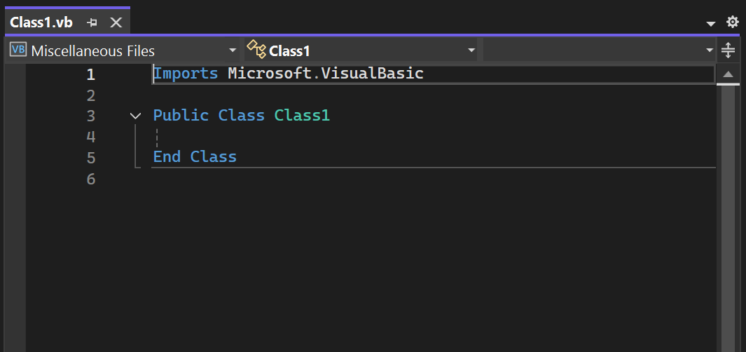 Captura de ecrã de um novo ficheiro de classe Visual Basic no editor de código de Visual Studio.
