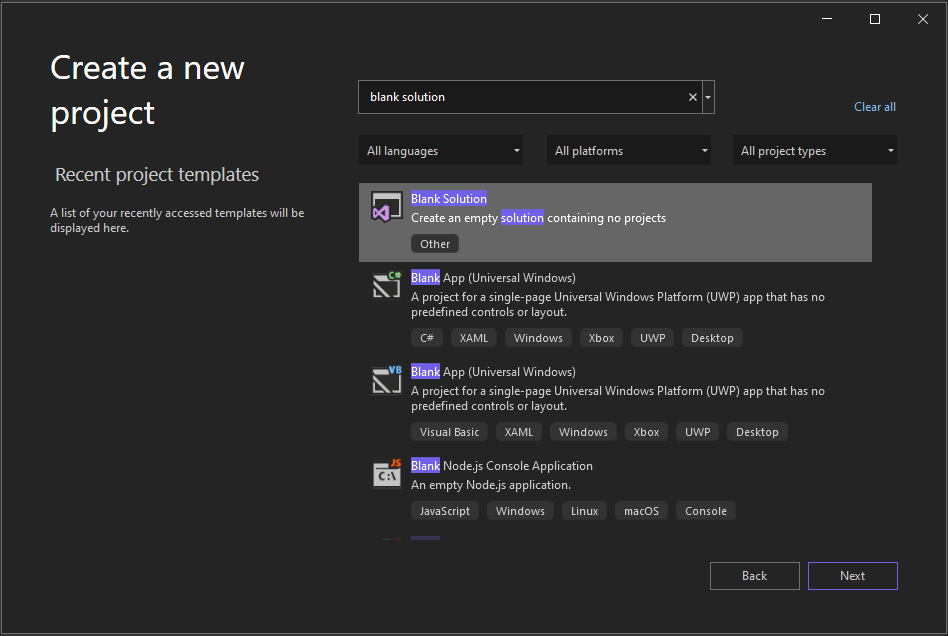 Captura de ecrã mostrando a janela Criar um novo projeto em Visual Studio de 2022 com 'solução em branco' na caixa de pesquisa e o modelo de projeto Solução em branco selecionado.