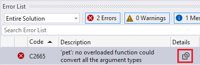 Captura de tela da Lista de Erros do Visual Studio com uma entrada que tem um ícone em sua coluna de detalhes.