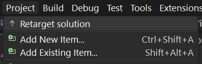 Captura de ecrã mostrando o comando de Retarget do projeto no menu suspenso da barra de ferramentas do projeto.