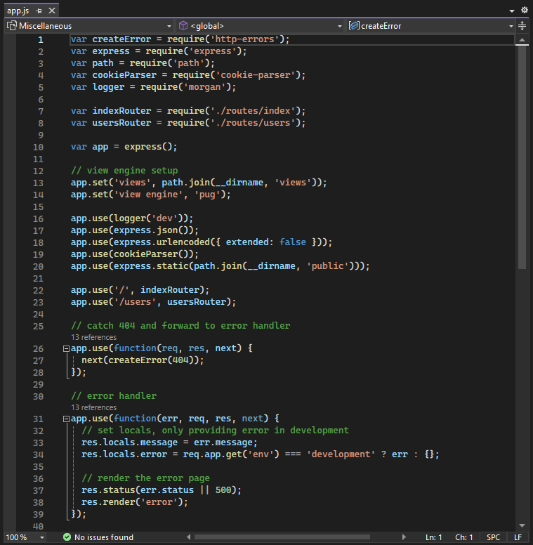Captura de tela do editor no Visual Studio.