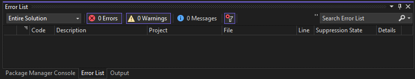 Captura de ecrã da Lista de Erros no Visual Studio.