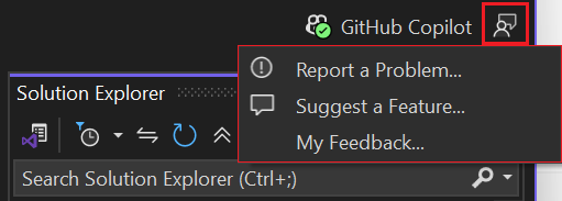 Captura de tela do menu Enviar Comentários no Visual Studio.
