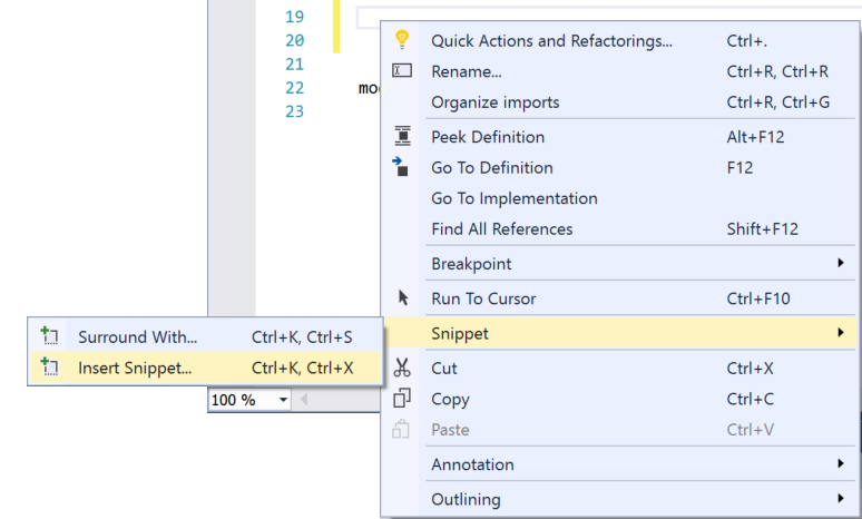 Trechos de código no Visual Studio
