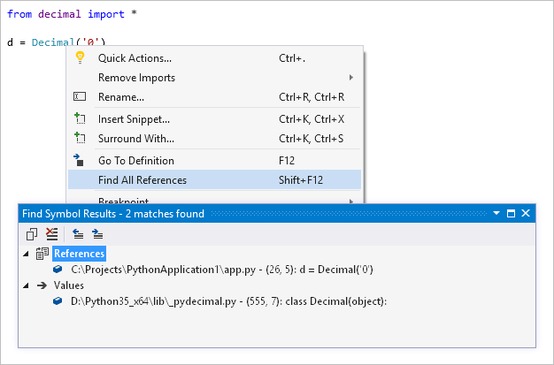 Captura de ecrã que mostra os resultados de Localizar Todas as Referências no Visual Studio.