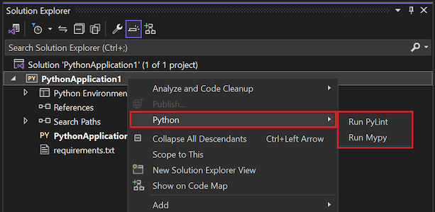 Captura de ecrã que mostra os comandos de linting disponíveis para projetos Python no Solution Explorer.