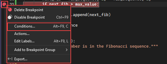 Captura de tela que mostra como selecionar a opção para configurar condições para um ponto de interrupção no Visual Studio.