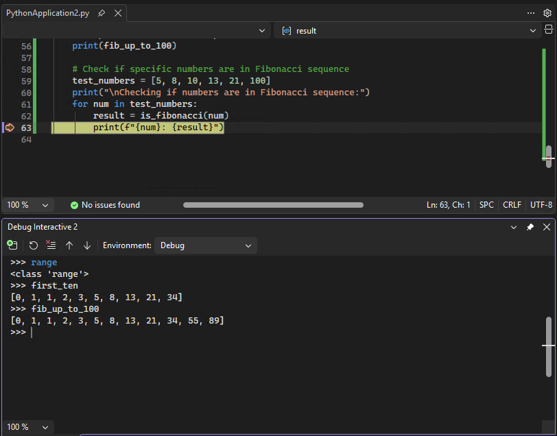 Captura de tela que mostra como trabalhar com a janela Python Debug Interactive no Visual Studio.