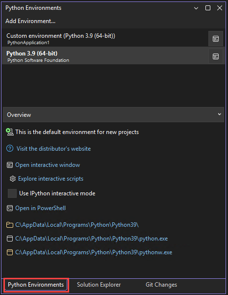 Captura de tela que mostra a janela Python Environments no Visual Studio.
