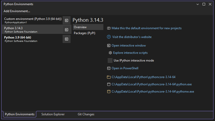 Captura de tela que mostra a exibição expandida da janela Ambientes Python no Visual Studio.