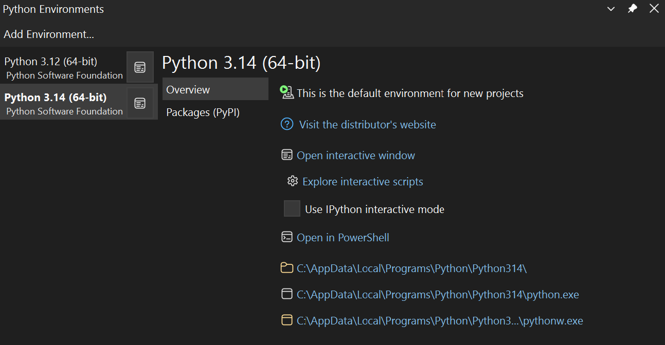 Captura de tela da janela expandida Python Environments.