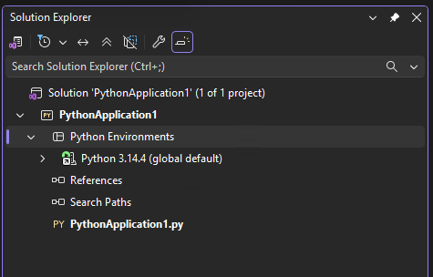 Captura de ecrã que mostra o ambiente global de Python predefinido para um projeto em Explorador de Soluções em Visual Studio.
