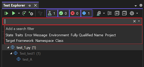 Captura de ecrã que mostra como filtrar a visualização dos testes no Explorador de Testes usando o campo de Pesquisa.