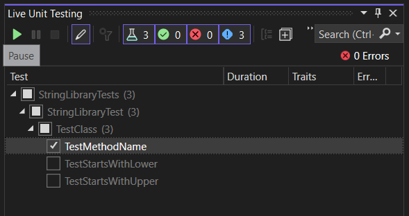 Captura de ecrã que mostra o editor de playlists Live Unit Testing.
