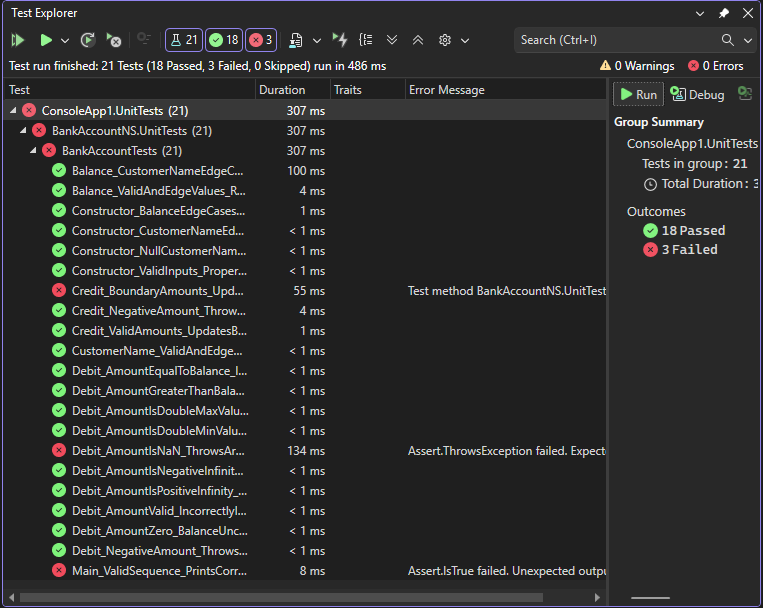Captura de tela da saída do Test Explorer.