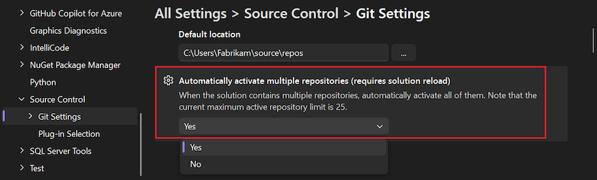 Captura de ecrã da opção 'Ativar automaticamente múltiplos repositórios' no painel de Opções.