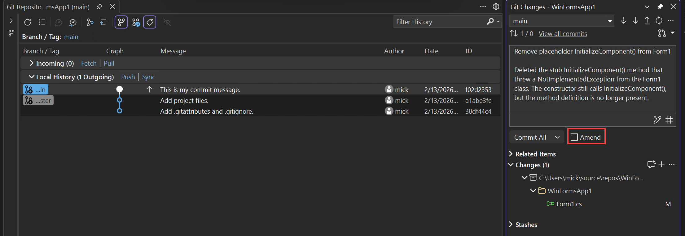Captura de tela da alteração de alterações de código usando a janela Alterações do Git.