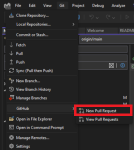 O menu de nível superior do Git com o GitHub selecionado e o texto 'New Pull Request' realçado no Visual Studio 2022.