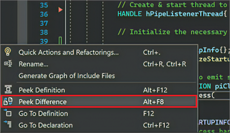 Captura de ecrã do menu de contexto do botão direito do rato no Visual Studio, onde se pode selecionar Visualizar Diferenças.