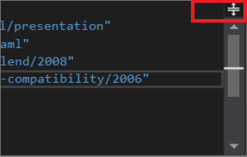Captura de ecrã que mostra o painel central do editor de código XAML no Visual Studio com o botão Dividir destacado no canto superior direito do painel.
