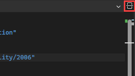 Captura de ecrã que mostra o painel central do editor de código XAML no Visual Studio com o botão Dividir destacado no canto superior direito do painel.