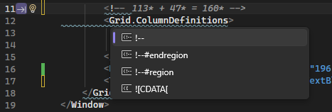 Captura de ecrã do editor de código XAML, do diálogo de adicionar comentários ao clicar com o botão direito.
