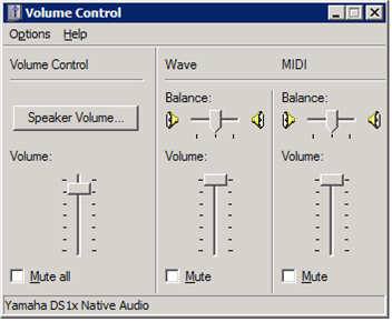 Captura de tela da caixa de diálogo de controle de volume SndVol32 exibindo controles para dispositivos multicanal.