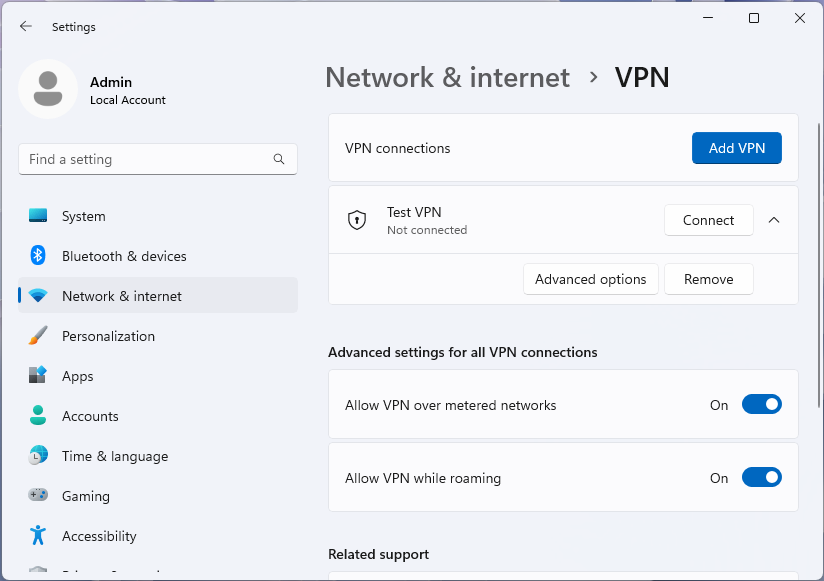 captura de ecrã da página VPN com o perfil selecionado na aplicação Definições do Windows 11.