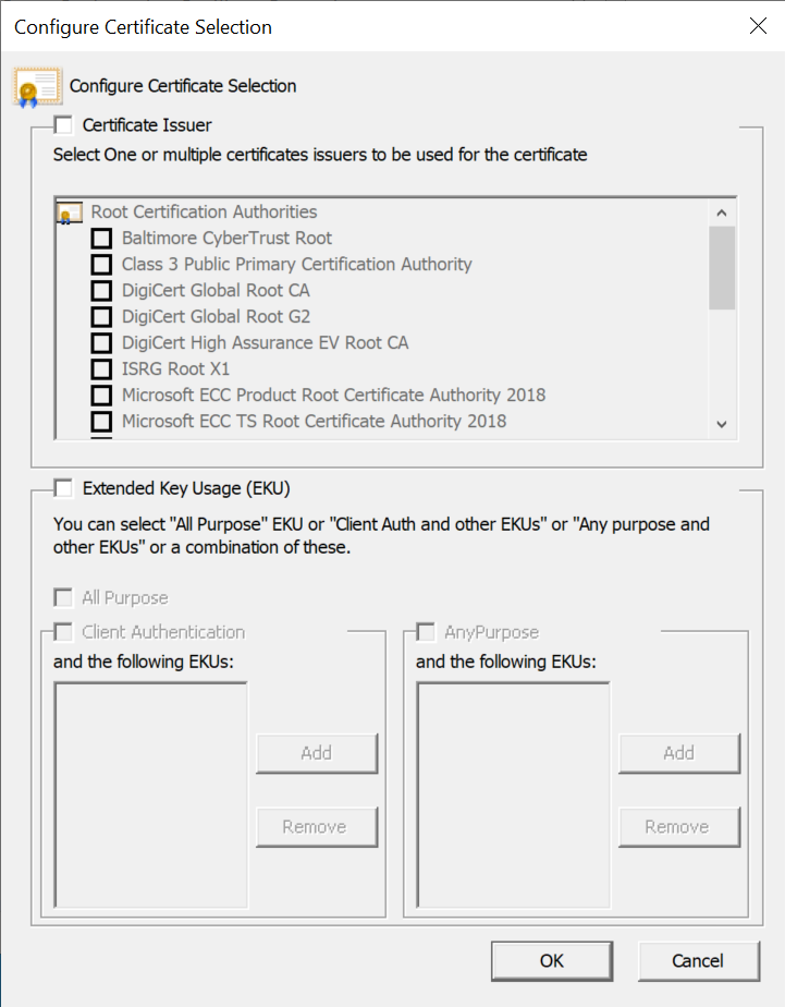 captura de tela mostrando a caixa de diálogo Configurar Seleção de Certificado.