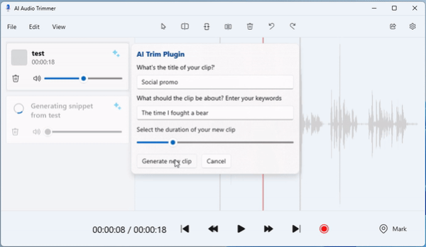 Captura de ecrã da aplicação de exemplo do editor de áudio mostrando um teste do plugin AI Audio Trimmer.