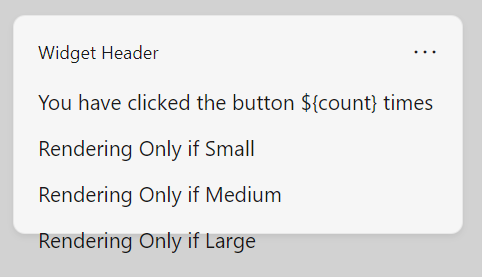 Um cartão adaptativo em progresso. Mostra um widget com quatro linhas contendo o texto especificado na carga útil JSON mostrada no passo anterior. Em vez de esconder elementos condicionalmente, todos os elementos são visíveis e sobressaem a borda inferior da imagem.