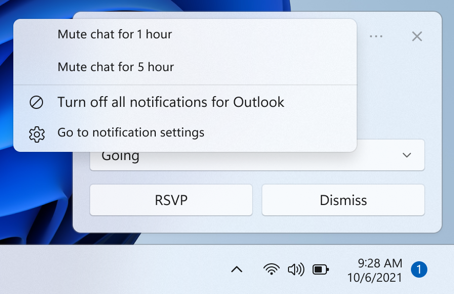 Uma captura de ecrã recortada do ambiente de trabalho que mostra uma notificação com um menu contextual.