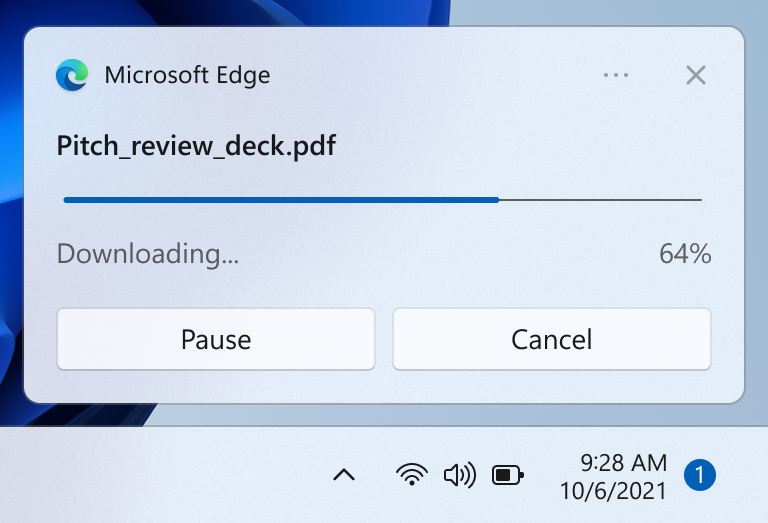 Uma captura de ecrã recortada do ambiente de trabalho que mostra uma notificação com uma barra de progresso.