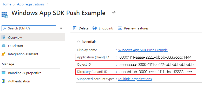 Registro de aplicativo AAD no locatário