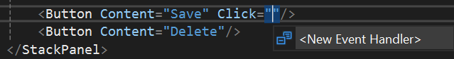 Uma captura de ecrã da UI de auto completar do novo gestor de eventos no editor XAML do Visual Studio