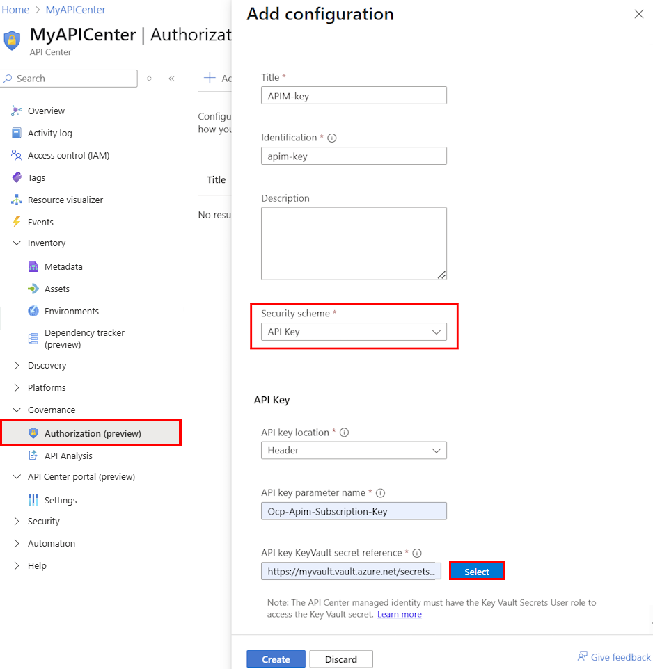 Skärmbild av hur du konfigurerar en API-nyckel i portalen.