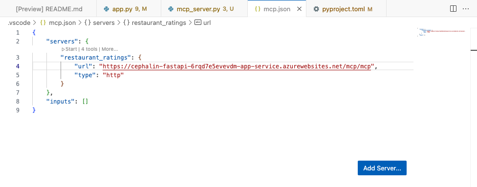 Skärmbild som visar hur du startar en MCP-server manuellt från den lokala mcp.json filen.