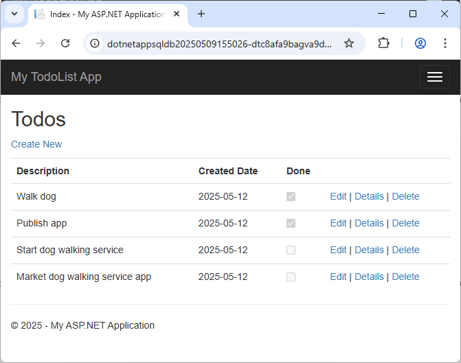 Skärmbild som visar Azure-appen efter Code First Migration.