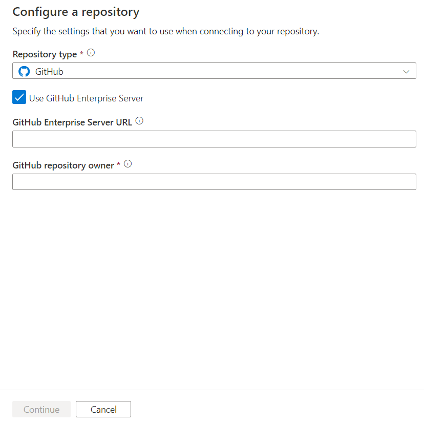 Screenshot som visar GitHub Konfigurera en lagringsplats med företagsserverfönstret.