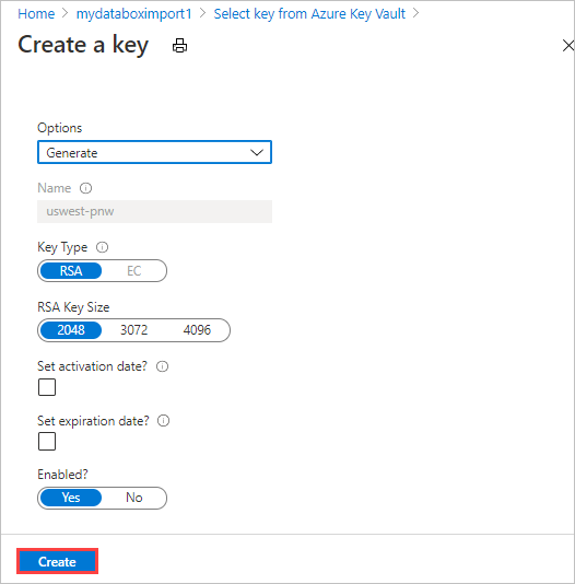 Skärmbild som visar alternativen för att generera en ny version av en befintlig Azure Key Vault-nyckel för att tillhandahålla en kundhanterad nyckel på fliken Säkerhet för Data Box-exportorder.