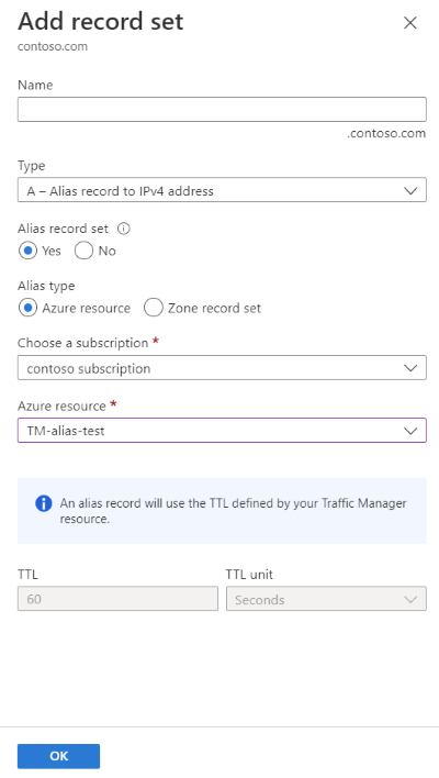 Skärmbild av att lägga till en alias som refererar till Traffic Manager-profilen.