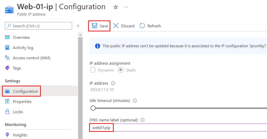 Skärmbild på konfigurationssidan för Azure offentlig IP-adress med namnetiketten D N S.