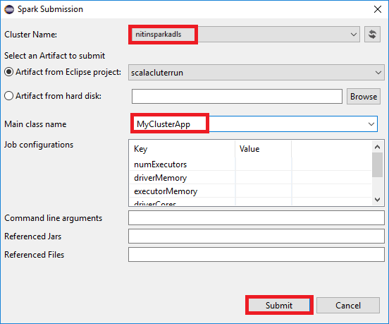 Dialogrutan Apache Spark-inlämning.
