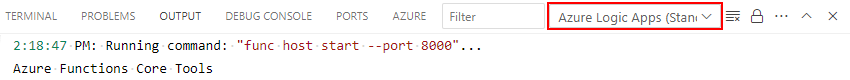 Skärmbild som visar utdatafönstret med omfångslistan och Azure Logic Apps (Standard) markerat.